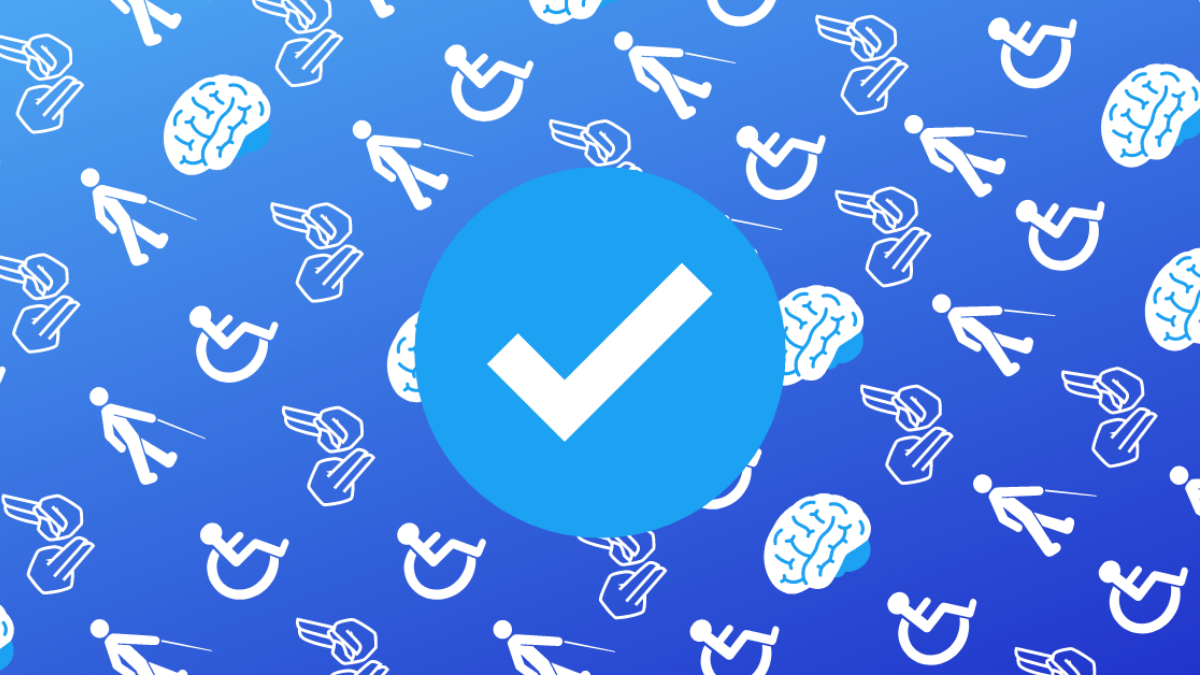In the centre is a rounded blue tick, similar to Twitter's. Behind this is a pattern of symbols - a blind person with a cane, brain, signing hands and the wheelchair icon. The background is a dark blue.