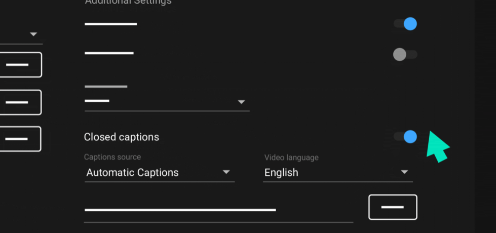 Livestream settings in dark mode, showing a tab reading 'additional settings', with 'closed captions', 'automatic captions', 'English' selected from the drop downs. A green arrow points to a small blue dot to the right of the 'closed captions' section.